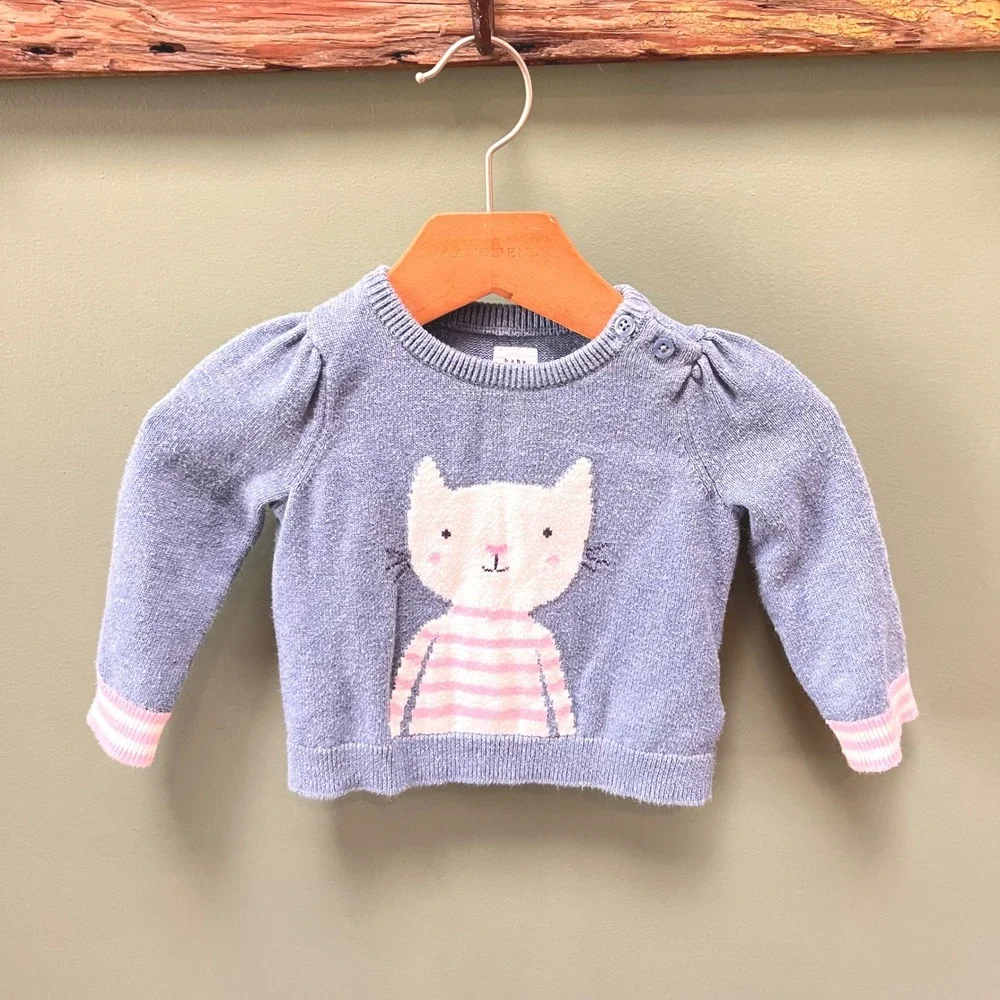 Baby Gap Blue Heather Cat Graphic Cotton Knit Sweater 6-12‎ Months 525890-00